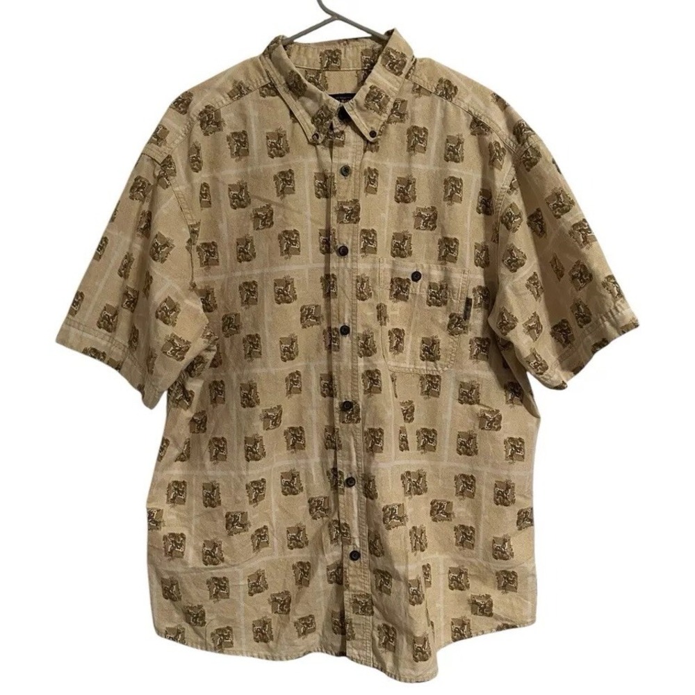Woolrich Mens Short Sleeve Button Down Shirt British‎ Tan Deer Print Outdoors XL